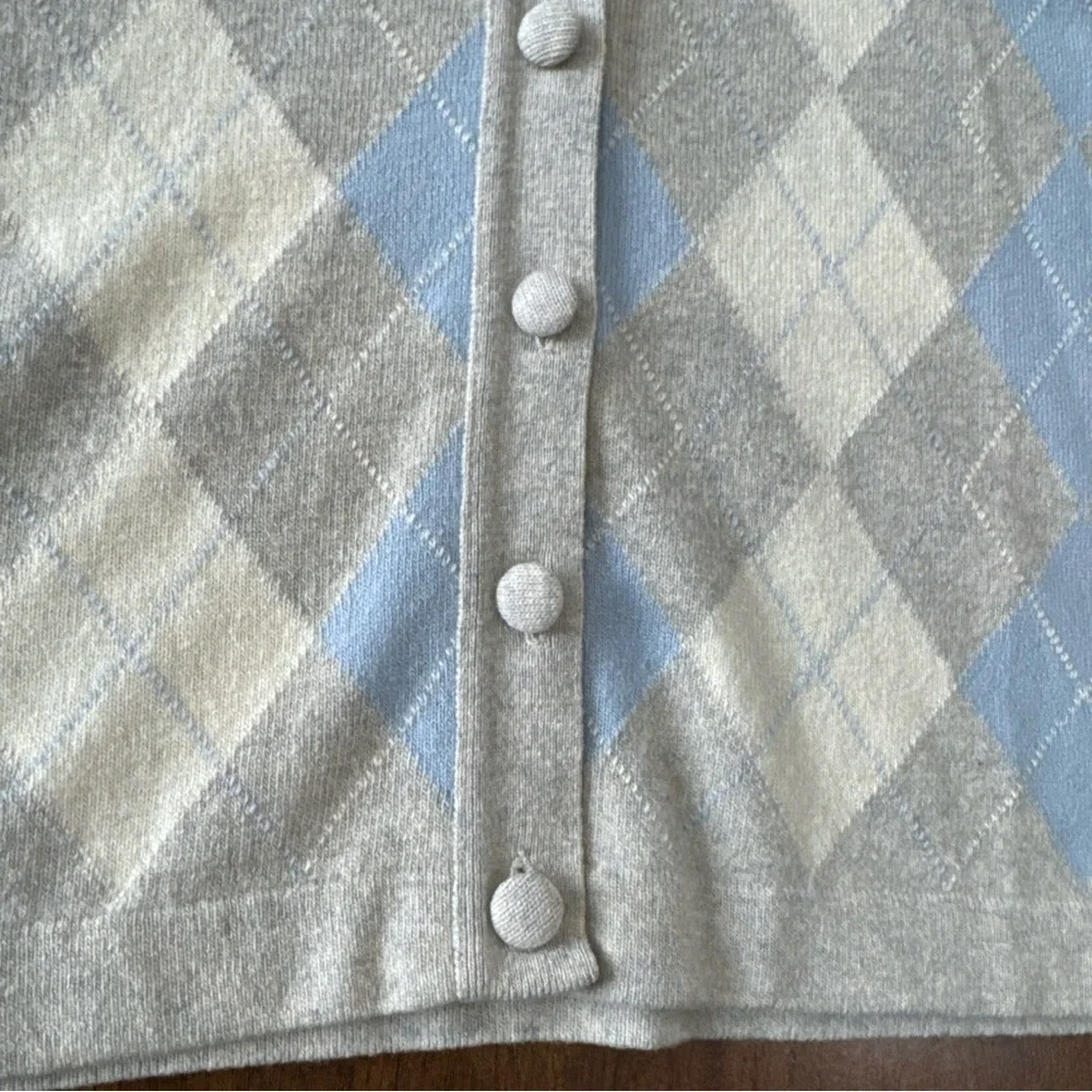 Jaeger 100% Lambswool Gray Blue Ivory Argyle Long Cardigan Sweater Vintage M